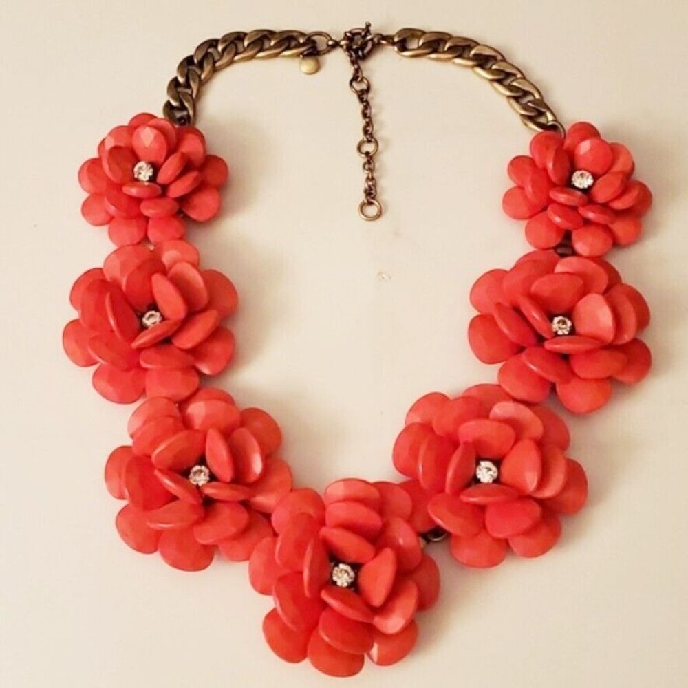 J. Crew Flower Statement Necklace Red Wood Crystal Runway Bold Massive Chunky